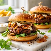 Burgers with Sauteed Onions and Horseradish Sauce