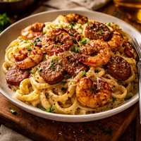 Cajun Shrimp and Andouille Alfredo Sauce Over Pasta