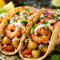 California Style Shrimp Potato Tacos with Cilantro Crema