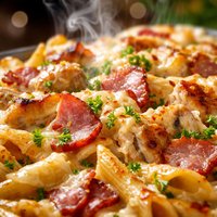 Canadian Bacon and Chicken Pasta Bake