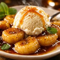 Caramelized Bananas with Rum Sauce and Vanilla Ice Cream