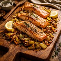 Caramelized Leeks with Roasted Salmon Fillets