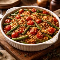 Caramelized Onion Green Bean and Cherry Tomato Tian