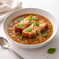 Caramelized Onion Soup with Swiss Cheese Basil Croutons