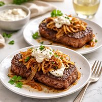 Caramelized Onion Topped Steaks W Creamy Horseradish Sauce