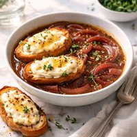 Caramelized Red Onion Soup with Goat Cheese Crostini