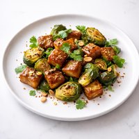 Caramelized Tofu and Brussel Sprouts with Cilantro and Nuts