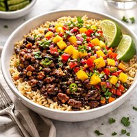 Caribbean Black Beans with Mango Salsa Over Brown Rice
