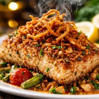 Cashew Crusted Mahi Mahi with Crispy Onions