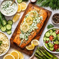 Cedar Plank Salmon with Cucumber Dill Sauce