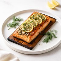 Cedar Planked Salmon with Garlic Lemon and Dill