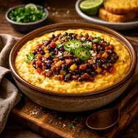 Cheddar Cheese Grits with Spicy Black Beans