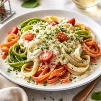 Cheese Factory Italian Flag Pasta Topped W Fresh Herbed Alfredo