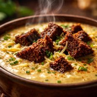 Cheese Soup with Pumpernickel Croutons