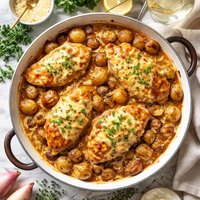Cheesy Chicken and Potatoes with Shallot Wine Sauce