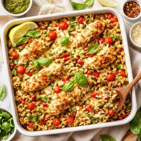 Cheesy Pesto Rice N Chicken Bake