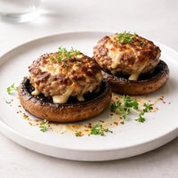 Cheesy Sausage Patties on Roasted Field Mushrooms