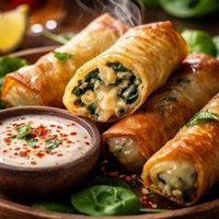 Cheesy Spinach and Potato Spring Rolls with Spicy Yogurt Rsc