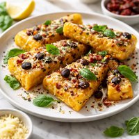 Cheesy Sun Dried Tomato and Olive Polenta Wedges