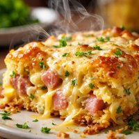 Cheesy Swiss Ham and Egg Bake with Potato Crust