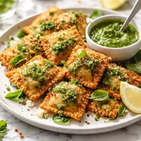 Cheesy Toasted Ravioli with Pesto