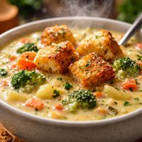 Cheesy Vegetable Soup with Homemade Croutons