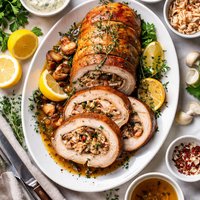 Chef Lyles Roasted Stuffed Pork Loin with Crab and Shiitake