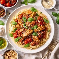 Chicken and Tomato Sauce with Basil and Pine Nuts on Pasta