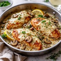 Chicken Breasts with Mushrooms Swiss Cheese and White Wine