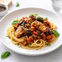 Chicken in a Fresh Tomato and Eggplant Sauce with Spaghetti