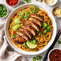 Chicken on Pasta with Spicy Asian Style Sauce