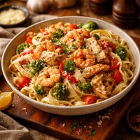 Chicken Shrimp Veggie Pasta in Cream Sauce