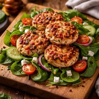 Chicken Tomato and Feta Patties on a Spinach Salad