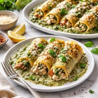 Chicken Vegetable Manicotti with Spinach Sauce