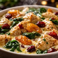 Chicken with Dried Fruit Spinach in a Creamy Egg Sauce