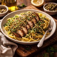 Chicken with Parsley and Pistachio Pesto Over Pasta