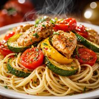 Chicken with Peppers Zucchini and Tomatoes on Angel Hair