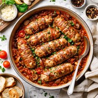 Chicken Wrapped Sausages with Mushroom Tomato Sauce