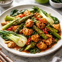 Chili Chicken Stir Fry with Asparagus and Bok Choy