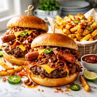 Chili Dog Bacon Cheeseburgers and Fiery Fries