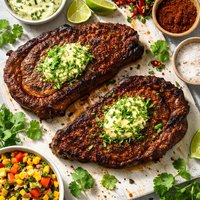 Chili Rubbed Rib Eye Steaks with Cilantro Butter