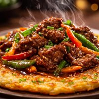Chinese Beef Stir Fry Over Golden Pancake