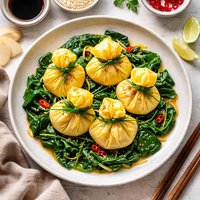 Chinese Coin Purse Eggs with Ginger Spinach