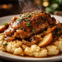 Cider Braised Chicken Over Smoked Cheddar Grits