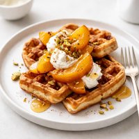 Cinnamon Biscuit Waffles with Peacheesy Topping Rsc