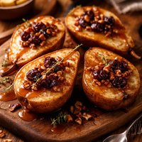Cinnamon Roasted Pears with Dried Cherries and Caramel Sauce