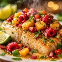 Coconut Lime Fish with a Paw Paw and Raspberry Salsa