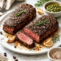 Coffee and Pepper Crusted New York Steaks