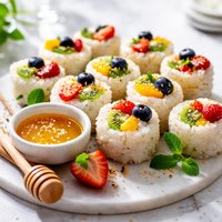 Cold Fruit Sushi with Honey Style Dipping Sauce