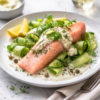 Cold Poached Salmon with Cucumber and Creme Fraiche Sauce